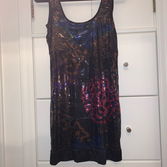 Hale Bob Sequin Floral Tank dress black w/ overlay - Picture 2 of 5